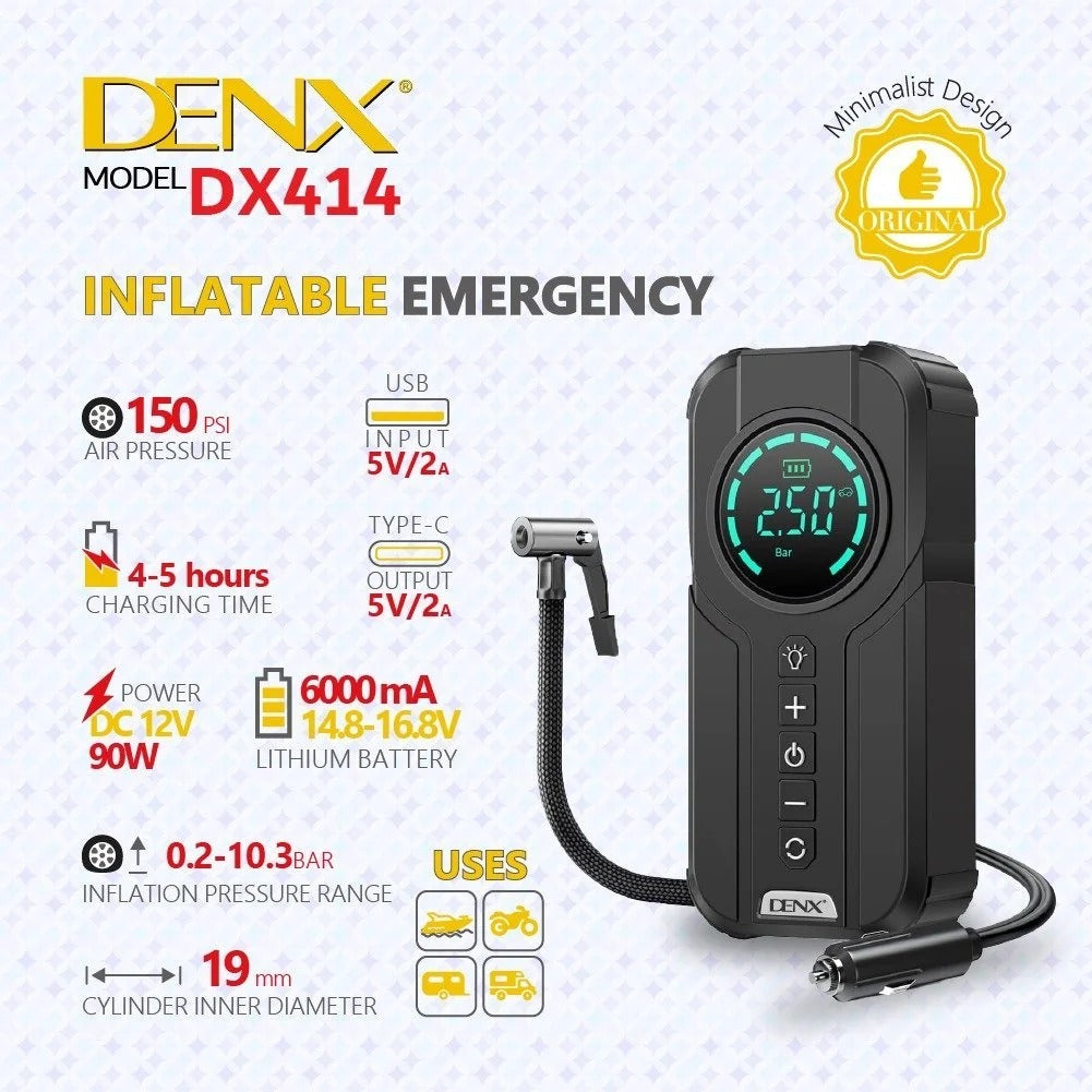 Denx Jump Starter with Air Pump – 150 PSI Portable Tire Inflator, Power Bank & Emergency LED Light