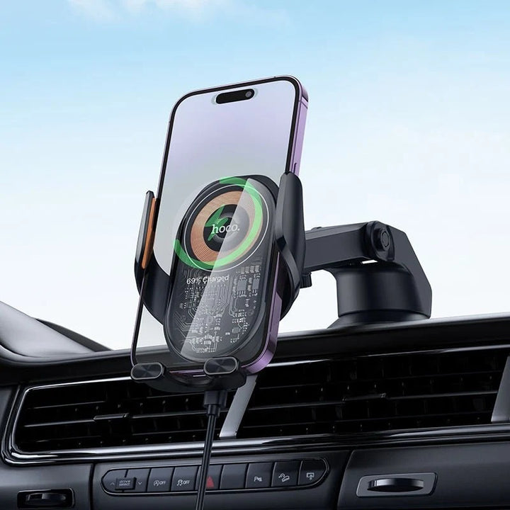 HOCO 15W Wireless Charging Car Holder – Automatic 3-Axis Phone Mount with Strong Suction Base