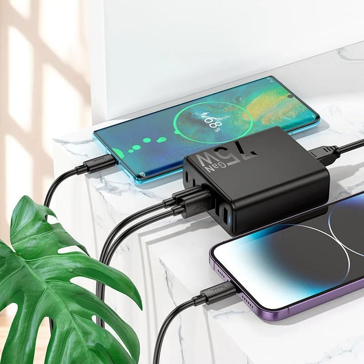 HOCO 75W GaN 6-Port Fast Charger – 3 USB-C + 3 USB-A Multi-Device Charging Hub