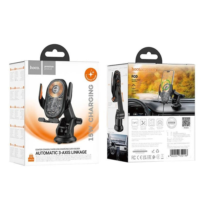 HOCO 15W Wireless Charging Car Holder – Automatic 3-Axis Phone Mount with Strong Suction Base
