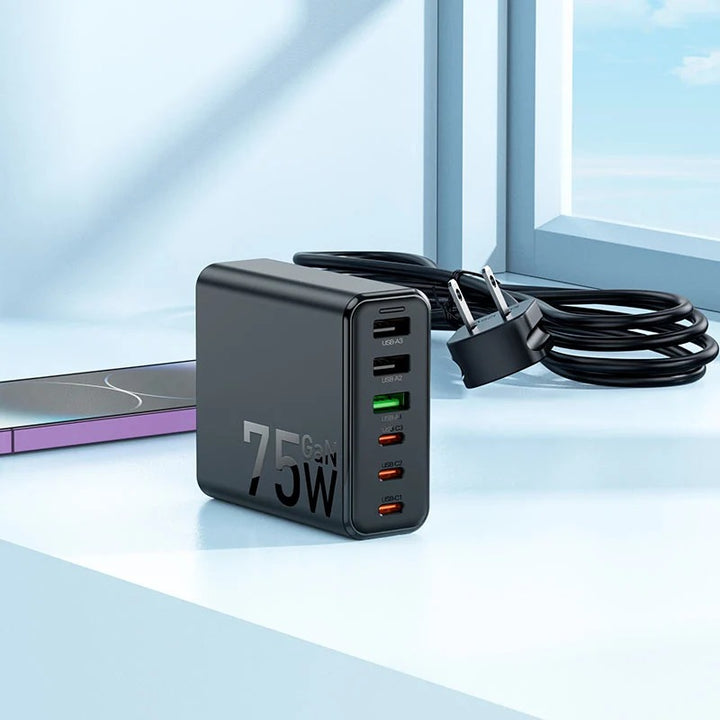 HOCO 75W GaN 6-Port Fast Charger – 3 USB-C + 3 USB-A Multi-Device Charging Hub