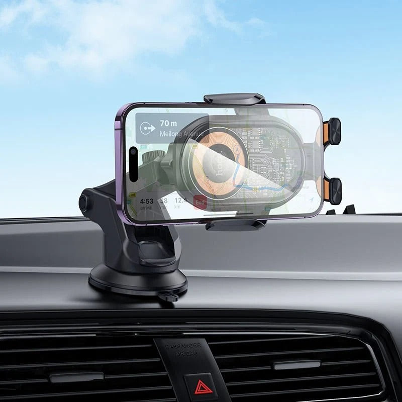 HOCO 15W Wireless Charging Car Holder – Automatic 3-Axis Phone Mount with Strong Suction Base