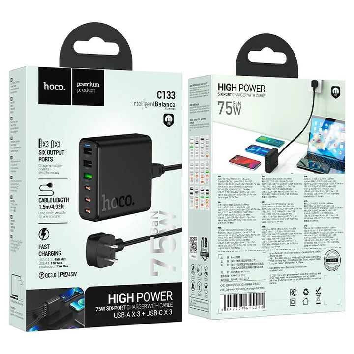 HOCO 75W GaN 6-Port Fast Charger – 3 USB-C + 3 USB-A Multi-Device Charging Hub