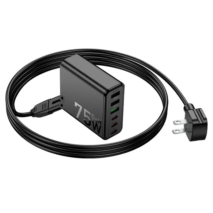 HOCO 75W GaN 6-Port Fast Charger – 3 USB-C + 3 USB-A Multi-Device Charging Hub