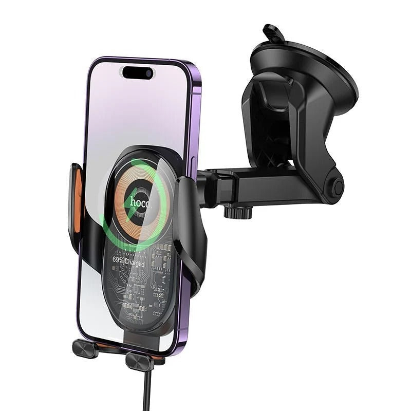HOCO 15W Wireless Charging Car Holder – Automatic 3-Axis Phone Mount with Strong Suction Base