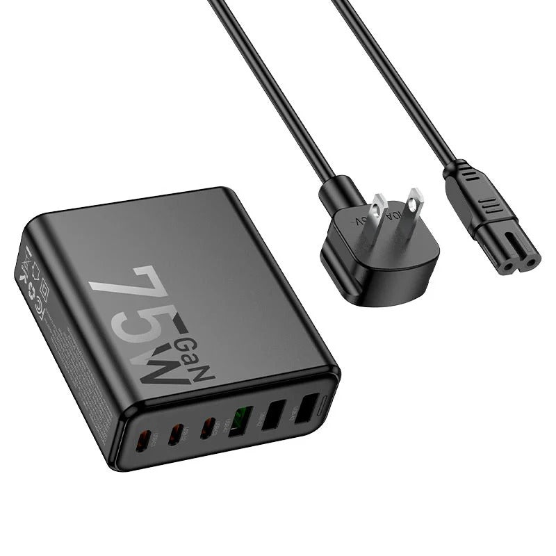HOCO 75W GaN 6-Port Fast Charger – 3 USB-C + 3 USB-A Multi-Device Charging Hub