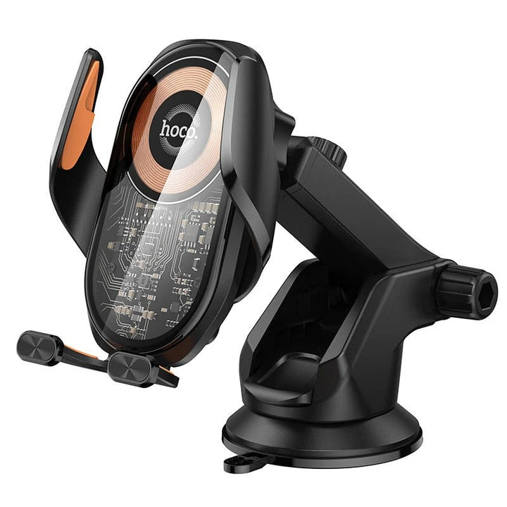 HOCO 15W Wireless Charging Car Holder – Automatic 3-Axis Phone Mount with Strong Suction Base