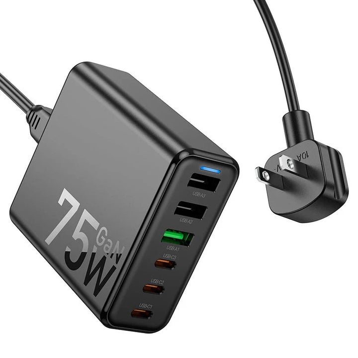 HOCO 75W GaN 6-Port Fast Charger – 3 USB-C + 3 USB-A Multi-Device Charging Hub